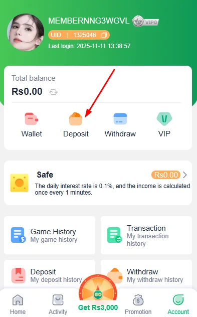 Click on deposit option
